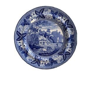 Antique British Scenery Blue Transferware Plate Pastoral Landscape 19th C